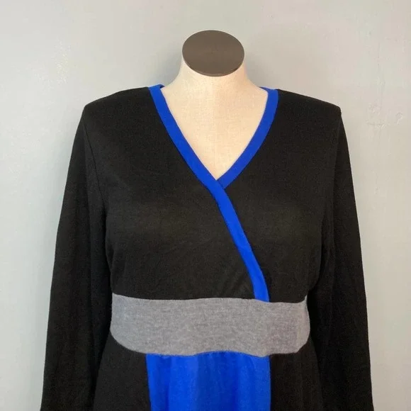 Fashion Bug Colorblock Knit Surplice Style Sweater Dress Plus Size 1X Black Blue - Picture 2 of 12